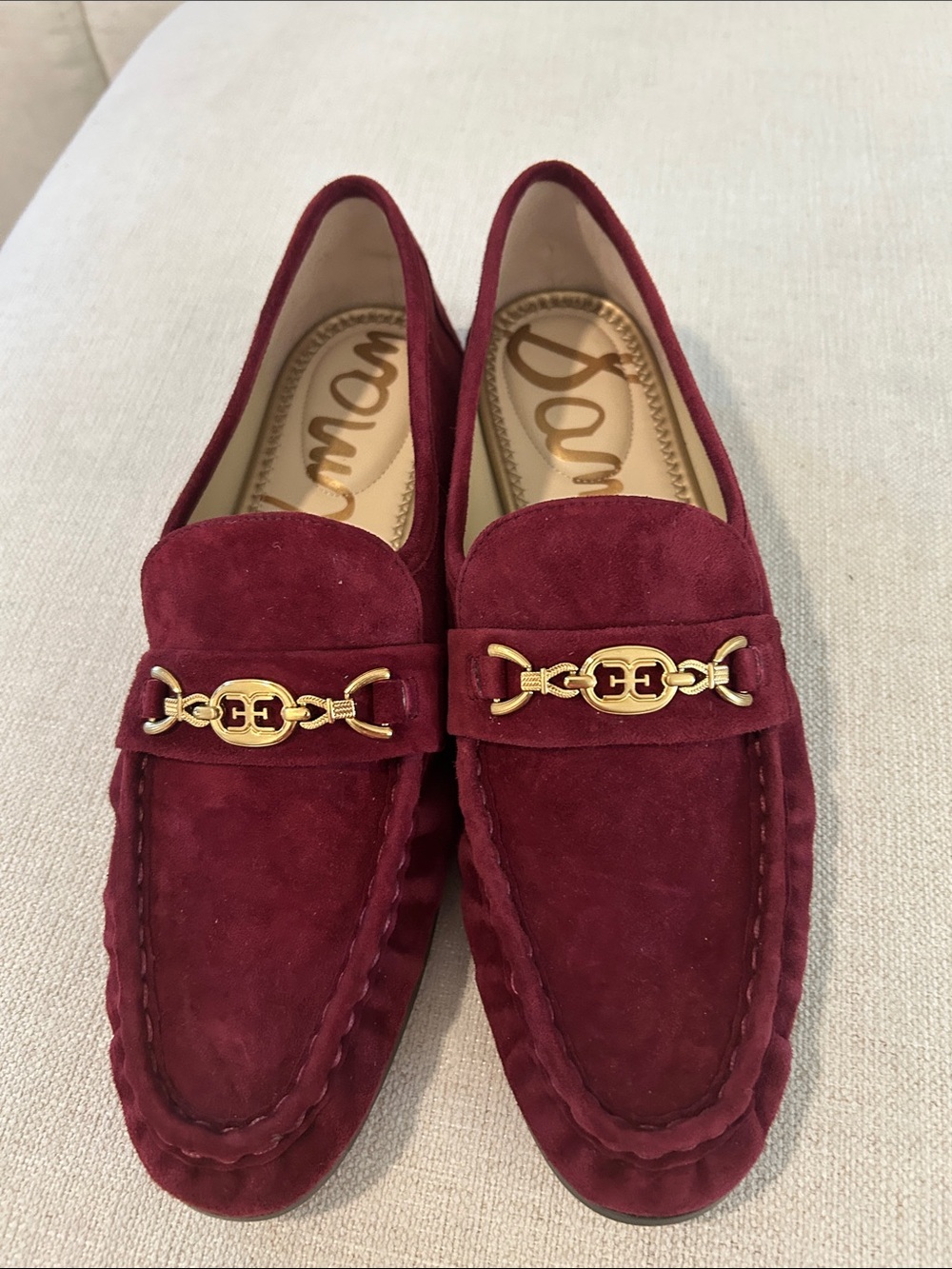 Sam Edelman Loraine loafers, deep burgundy suede, Gold Horse bit, Size 10.5, NWO